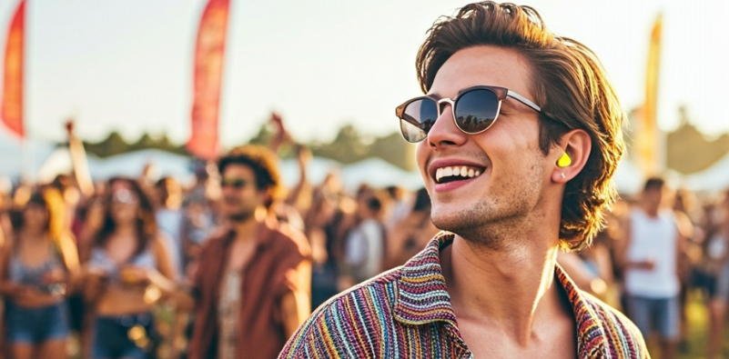 A man at a festival wearing sunglasses and hearing protection.